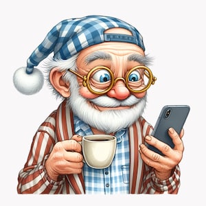 10 divertenti clipart PNG del nonno con tazza di caffè, smartphone, pigiama, illustrazione di un cartone animato di un uomo anziano stravagante