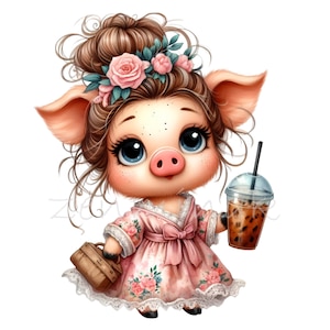 15 PNG de lindas cerditas – Clipart PNG de cerdita con vestido floral y té de burbujas – Adorable arte animal para manualidades, pegatinas y decoración infantil