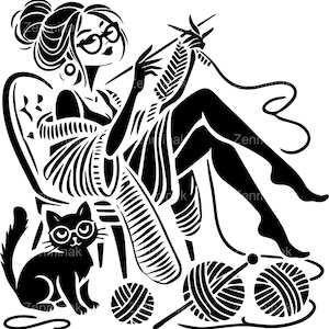 Knitting Woman SVG Cut File - 5 Relaxed Lady with Yarn and Cat Clipart - Stylish Knitting Scene Digital Design
