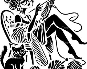 5 SVG de mujer tejiendo con gato, silueta de mujer a crochet, arte artesanal para amantes del hilado