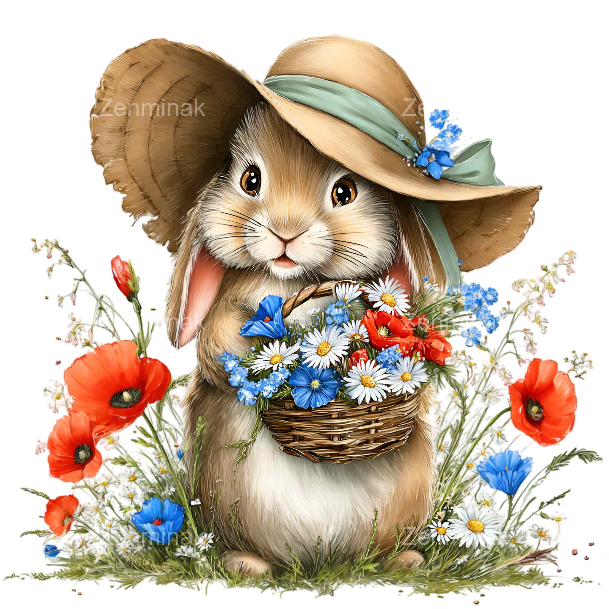 15 PNG Garden Bunny With Wildflowers Clipart, Rabbit Spring Floral ...