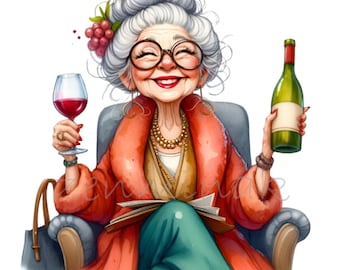 Starsza kobieta pijąca czerwone wino Babcia Clipart, 16 PNG wino humor