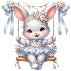 Clipart lapin PNG, Clipart de balançoire, Pâques, printemps, anniversaire des cliparts, art mural chambre d'enfant, maternelle