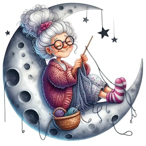 Starsza Pani na Księżycu PNG, 15 Magicznych Babć Robiących Na Drutach Clipart, Kreatywna Noc Księżycowa Sztuka Cyfrowa