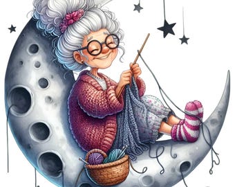 15 PNG Knitting Grandma Moon, Crochet Senior Woman Yarn Clipart