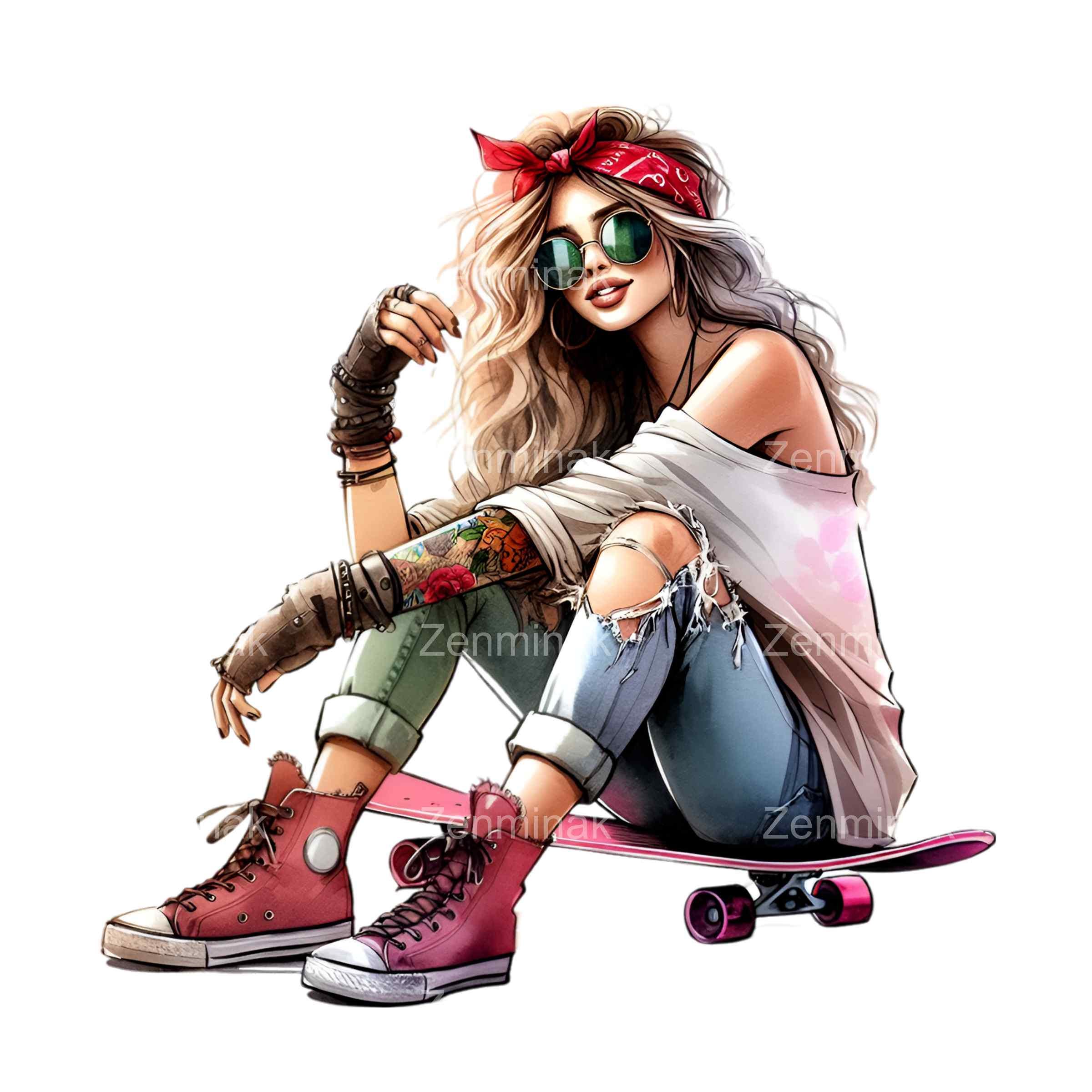 15 PNG Skateboard Girl Urban Clipart, Street Youth Illustration