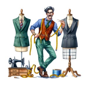 12 Lustiger männlicher Schneider PNG Clipart, stilvoller Mann mit bunten Haaren, Schere, Maßband, Kleid und Nähwerkzeug Kunst