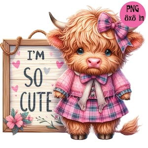 15 Cute Highland Cow PNG Clipart, Adorável Bezerro Fofo em Roupa Rosa, Vestido Xadrez e Laço, Ilustração de Animal de Fazenda, Download Digital