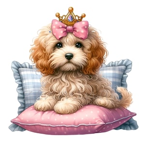 Labradoodle Puppy Princess Sleeping on Pillow 14 PNG Baby Nursery illustration clipart, Watercolor Kids Sublimation, Card Making