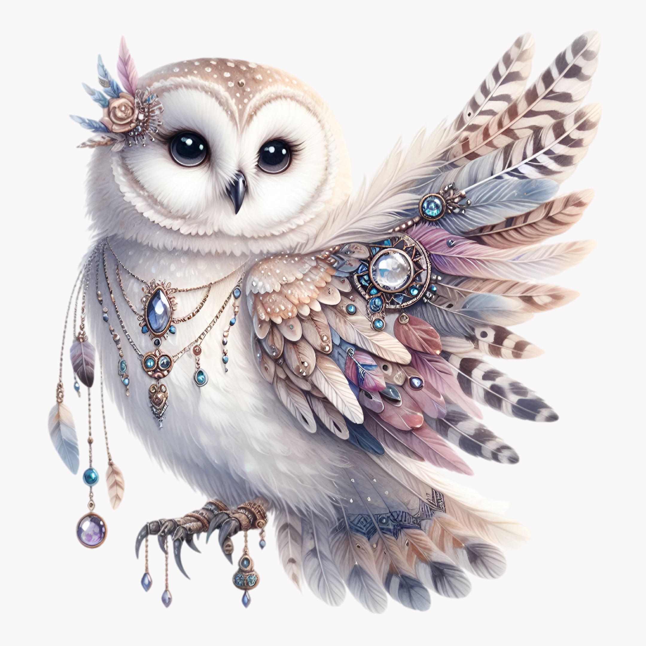 10 Elegant Owl with Jewels PNG Clipart - Stunning Feathered Owl Illustration - Whimsical Digital Art