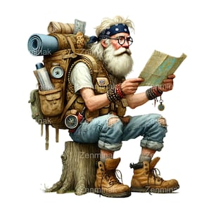 Könnte beinhalten: Illustration eines Wanderers mit langem weißem Bart, Brille und blauem Bandana, der auf einem Baumstumpf sitzt. Er trägt eine Weste, zerrissene Jeans und Wanderstiefel und liest eine Karte. Ein großer Rucksack mit Ausrüstung befindet sich hinter ihm.