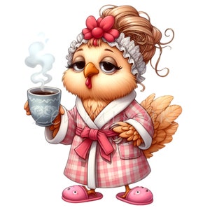 15 Lustiger Huhn Morgen PNG Clipart, müde Henne in der Robe mit Kaffee, unordentliche Lockenwickler, rosa Hausschuhe, faule Vogel-Karikaturkunst