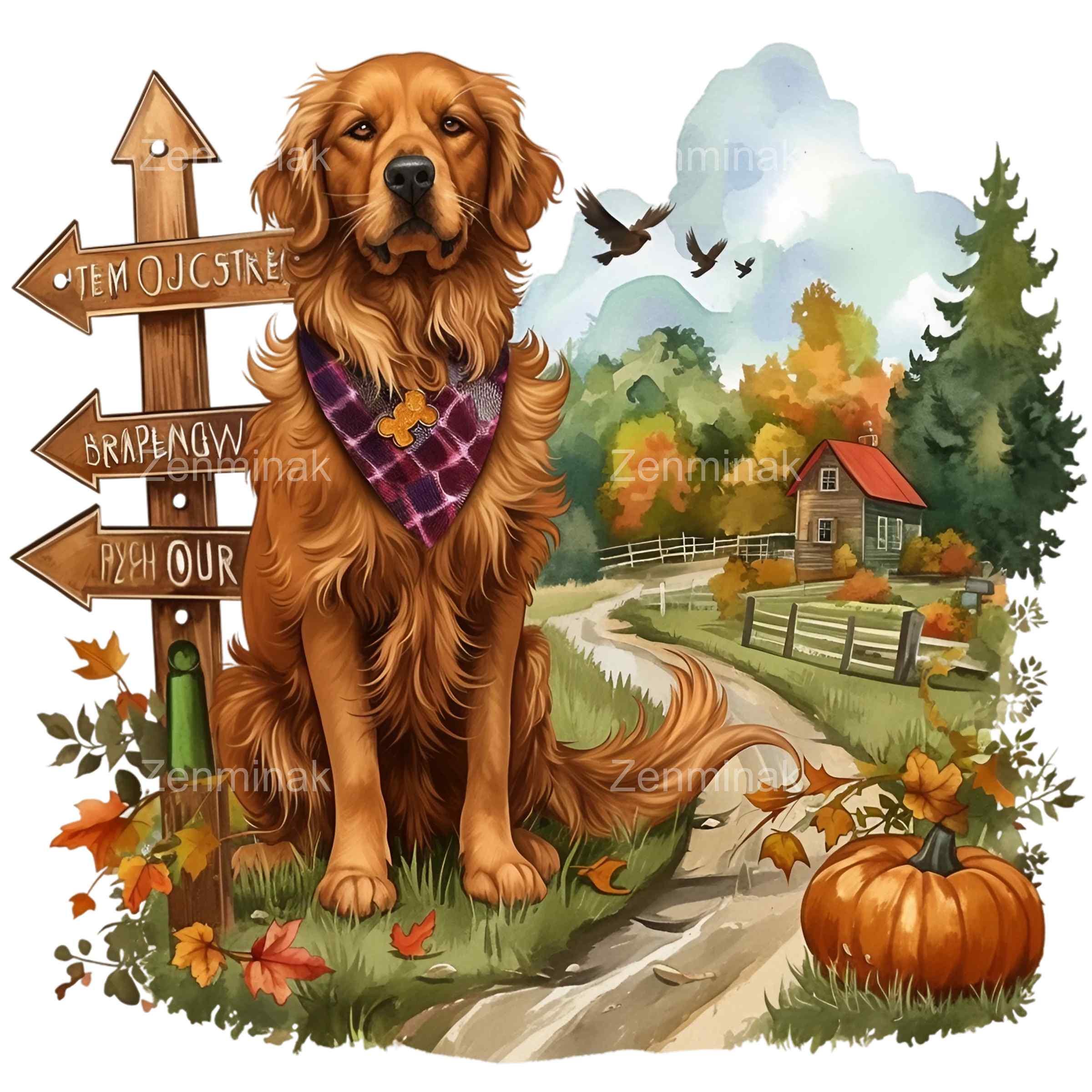 15 PNG Autumn Golden Retriever Clipart Fall Pumpkin Dog Farmhouse - Etsy