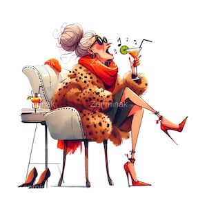 Nonna che canta con Martini PNG Clipart, 17 eleganti signore anziane in pelliccia e tacchi, divertente arte del cocktail della nonna