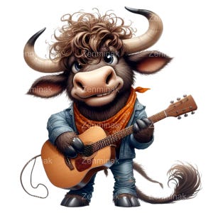 12 Cool Bull PNG Clipart che suona la chitarra - Elegante illustrazione di mucca rockstar - Arte digitale