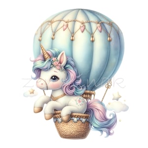 12 PNG Heißluftballon Einhorn Clipart - PNG fliegendes Pony mit Blumen und Wolken - süße pastellfarbene Fantasy Kunst für Baby Kinderzimmer Dekor