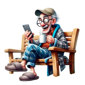 12 grappige png-afbeelding opa – png-bejaarde man op bank met koffie en telefoon – humoristisch ochtendpersonage voor digitale projecten