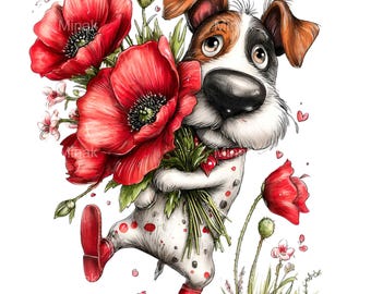 15 PNG Dog with Poppies Clipart, Floral Puppy Illustration, Romantic Spring Animal