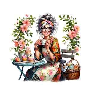 May include: A woman wearing a floral dress and glasses sits at a table with a cup of tea and cupcakes. She is surrounded by pink flowers and greenery.