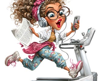 21 imágenes PNG de una divertida mujer de gimnasio: caricatura de mujer corriendo en la cinta, humor para planificadores de fitness, descarga instantánea