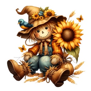Funny Scarecrow Sunflower 15 PNG Rustic Country Farm Kids Cartoon illustration clipart, Digital Downloads Sublimation Printable