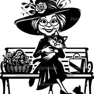 May include: A black and white illustration of a woman wearing a hat and dress, sitting on a bench with a cat in her arms. There is a basket of flowers and a purse on the bench. A small black cat is sitting on the ground to the right of the bench.