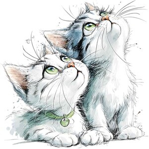 May include: Watercolor illustration of two cats with green eyes looking upwards. One cat is white with a green collar and tag. The other cat is gray and white. The artwork has a soft, painterly style with delicate details.