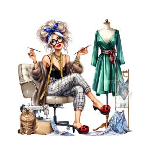 12 divertenti PNG di moda modista, elegante anziano con gatto, macchina da cucire, vestito verde su manichino e pantofole coccinella arte