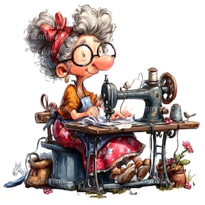 May include: A cartoon illustration of a woman with gray hair and glasses sewing at a vintage sewing machine. She wears an orange shirt, blue apron, and a red floral skirt. The scene includes spools of thread, a small bird, and a pot of flowers.