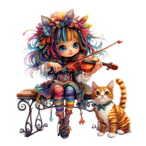 15 Rainbow Hair Girl PNG Clipart, Cute Violin Player with Cat, Colorful Dress, Whimsical Fantasy Art, Child Music Illustration