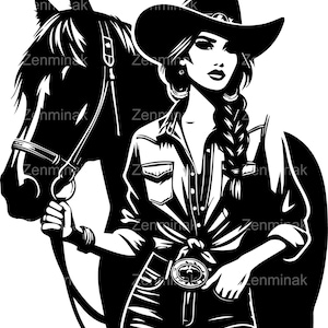 5 file di taglio SVG Cowgirl con cavallo - Donna western con cappello, treccia e cintura che tiene le redini - Clipart di rodeo country ranch