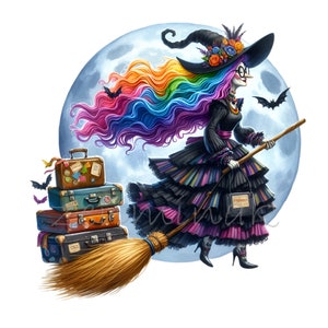 12 imágenes prediseñadas de brujas de Halloween, bruja de cabello colorido con escoba, maletas, luna llena y murciélagos