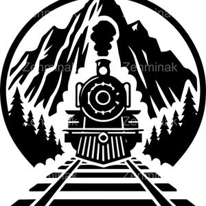 8 SVG Mountain Train SVG – File di taglio del motore a vapore con vista frontale sui binari – Clipart ferroviario per creazioni avventurose, cartelli da viaggio e decorazioni