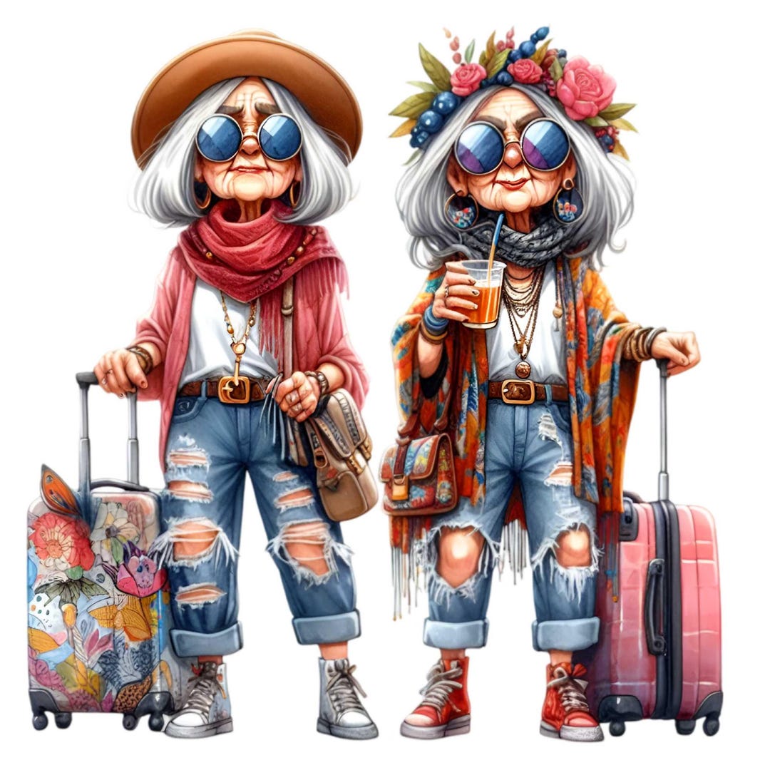 12 Trendy Senior Women Clipart PNG Stylish Grandmas With Suitcases ...