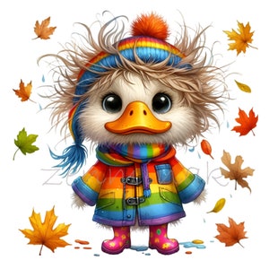 12 PNG Lindo pato de otoño PNG – Patito con abrigo y botas de arcoíris con hojas de otoño y lluvia – Clipart caprichoso para manualidades y decoración infantil