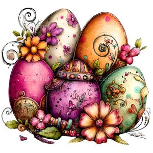May include: A watercolor illustration of five decorated Easter eggs. The eggs are in shades of pink, orange, and green, adorned with flowers and swirls. The image has the text "ZenminaR" in the lower left and center.