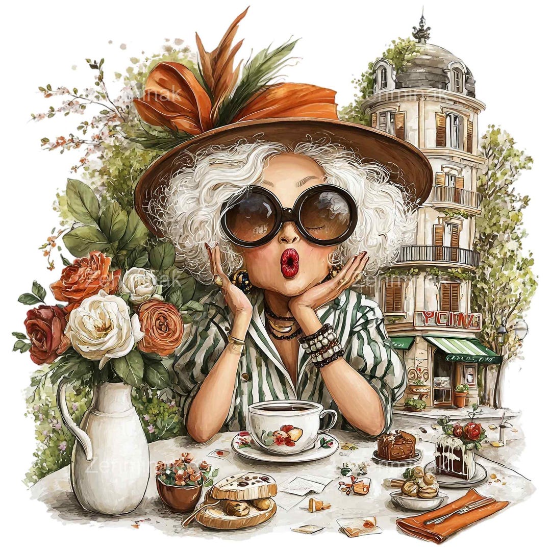 14 PNG Funny Senior Lady Clipart, Paris Cafe Coffee Illustration - Etsy