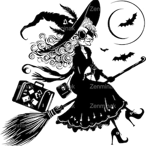 8 arquivos de corte SVG de bruxa engraçada – Bruxa retrô em vassoura com mala – Clipart de viagem de Halloween para Cricut e Silhouette