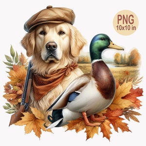 10 PNG Perro de caza de otoño PNG – Golden retriever con pato – Clipart de otoño para manualidades rústicas, decoración campestre o diseños para exteriores