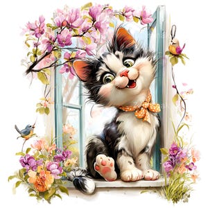 Op de afbeelding: Een grillige illustratie van een lachende zwart-witte kat met een oranje sjaal met stippen, zittend in een raam. Het raam wordt omlijst door roze en paarse bloemen en twee kleine vogels. De kat heeft roze poten en een vrolijke uitdrukking.
