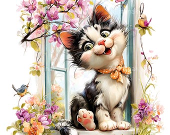 15 PNG Spring Cat Clipart – Funny Kitten PNG – Cute Cat with Flowers and Birds Artwork for Scrapbooking, Cards, Stickers and Crafts