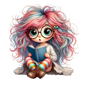 Op de afbeelding: Een cartoonmeisje met roze en blauw haar, dat een bril en een witte trui draagt, zit met gekruiste benen en leest een blauw boek. Ze draagt kleurrijke gestreepte sokken en bruine laarzen.