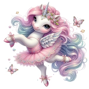 10 Ballerina Einhorn Clipart PNG, niedlicher Pegasus im rosa Tutu mit Flügeln und Schmetterlingen, Pastell Fantasy Art für Mädchen