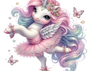 May include: A white unicorn with a pink and blue mane and tail, wearing a pink tutu and a flower crown, is dancing with its wings spread out. The unicorn has a silver horn and a silver star on its forehead.