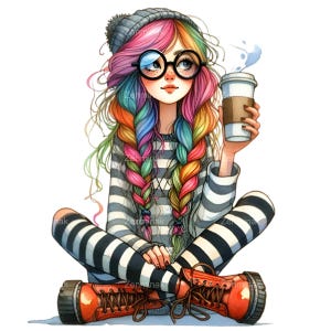 10 Rainbow Hair Girl PNG Clipart con occhiali, caffè e vestito a righe / Illustrazione colorata per adolescenti / Design stampabile