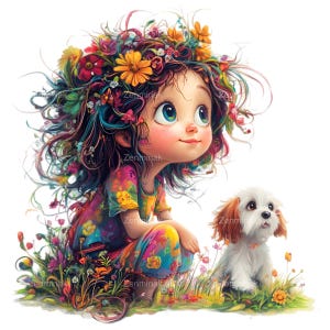 Niña con flores y cachorro PNG Clipart, 15 adorables ilustraciones de niños y perros, arte floral para el cabello para manualidades digitales
