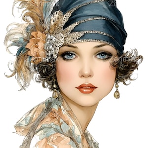 May include: A digital illustration of a person wearing a dark blue turban-style headpiece adorned with gold lace trim, a cluster of white pearls, and large beige and blue feathers. The person has short dark curly hair and gold drop earrings.