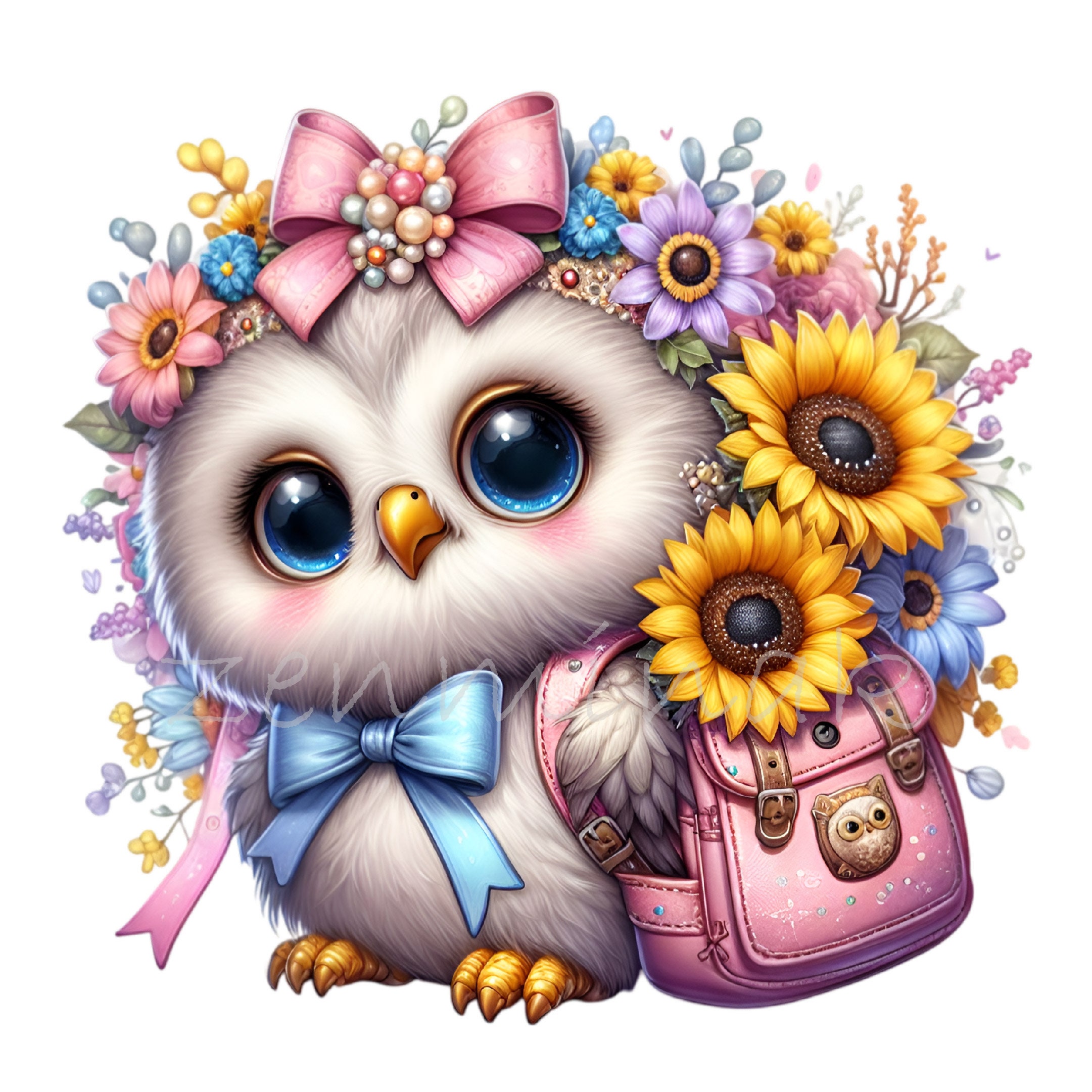 10 imágenes PNG de búhos con flores: búho bebé con mochila rosa y girasoles  para la vuelta al cole, decoración infantil o proyectos para profesores. -  Etsy México, image size:2161x2161