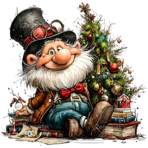 May include: A whimsical illustration of a gnome wearing a top hat and goggles, seated beside a decorated Christmas tree. The gnome has a long white beard, a red bow tie, and is surrounded by books and gifts, creating a festive holiday scene.