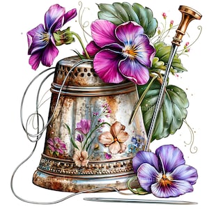May include: A vintage-style thimble with a needle and a gold-toned needle threader, adorned with purple and pink pansies and green leaves. The thimble has a distressed, metallic finish, and the design evokes a sense of classic sewing and floral artistry.